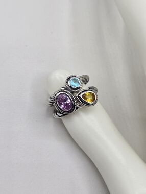 Swarovski Crystal Elements Silver Statement Ring Pink Blue Yellow Size 6.5